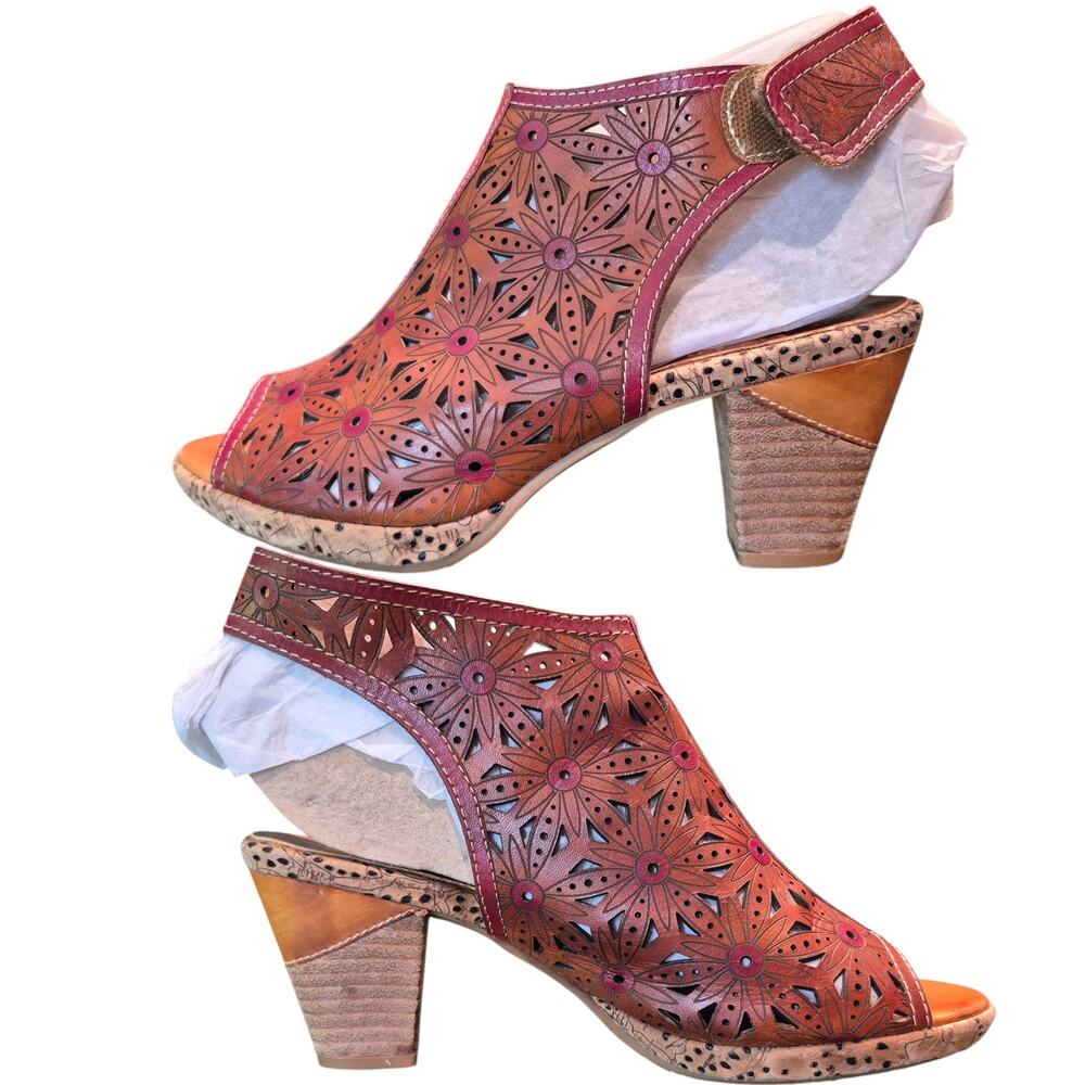 Spring Step Red Floral Cutout Open Toe BOHO Sandals Heels Shoes Women's 40 US 9